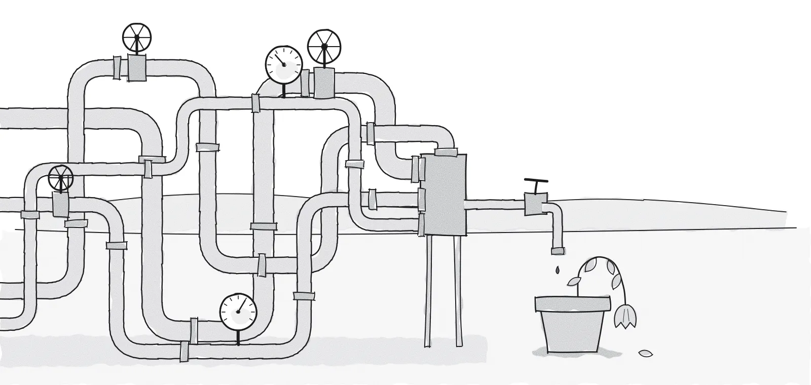 Ink cartoon of a huge tangle of pipes, valves and pressure gauges feeding a single tap that drips one drop toward a small pot holding a wilting flower.